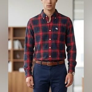 Abercrombie & Fitch Tartan Plaid Button Up Shirt Red Green Navy Mens Size Medium